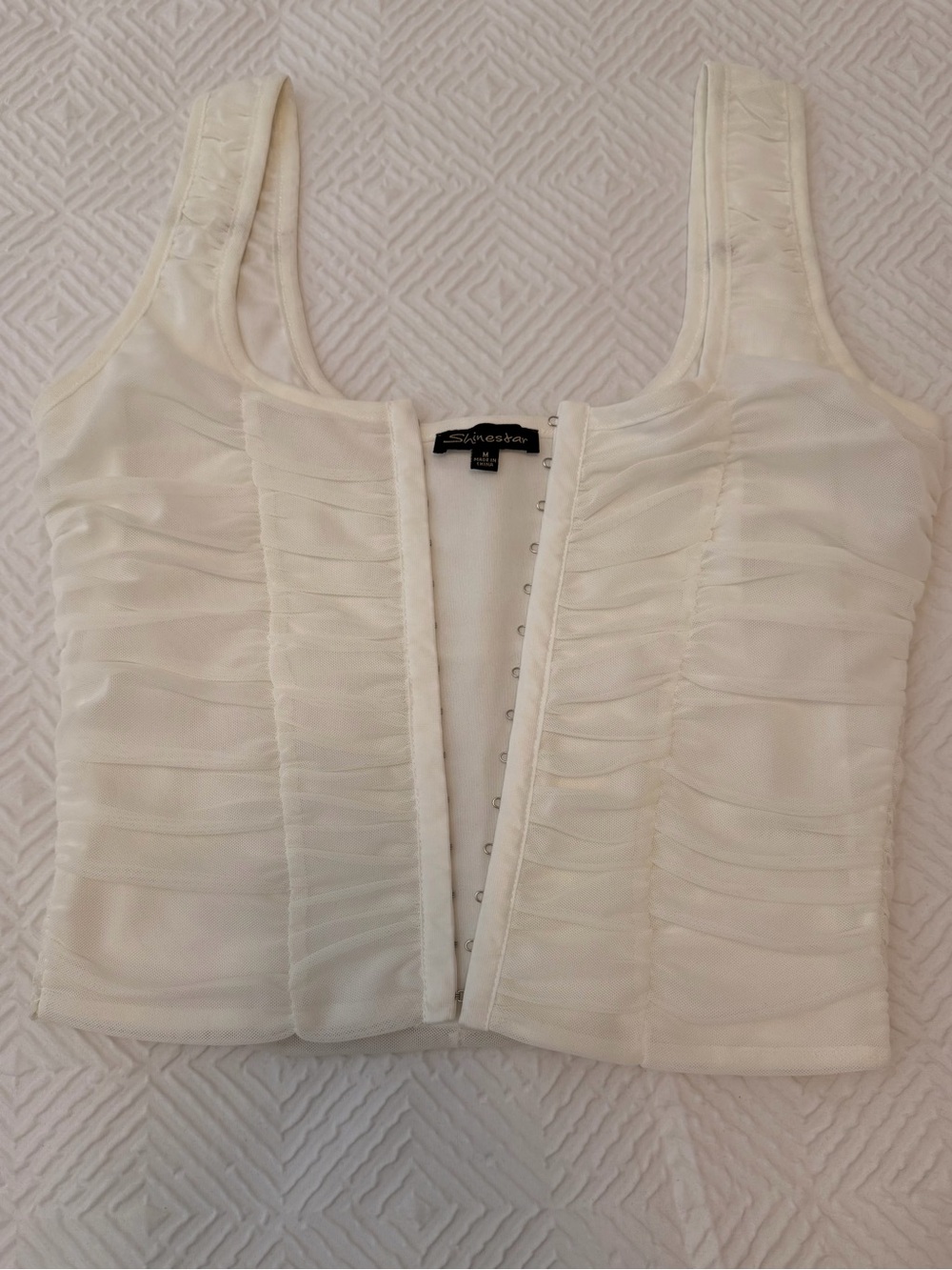 Shinestar Ivory Ruched Sheer Crop Top